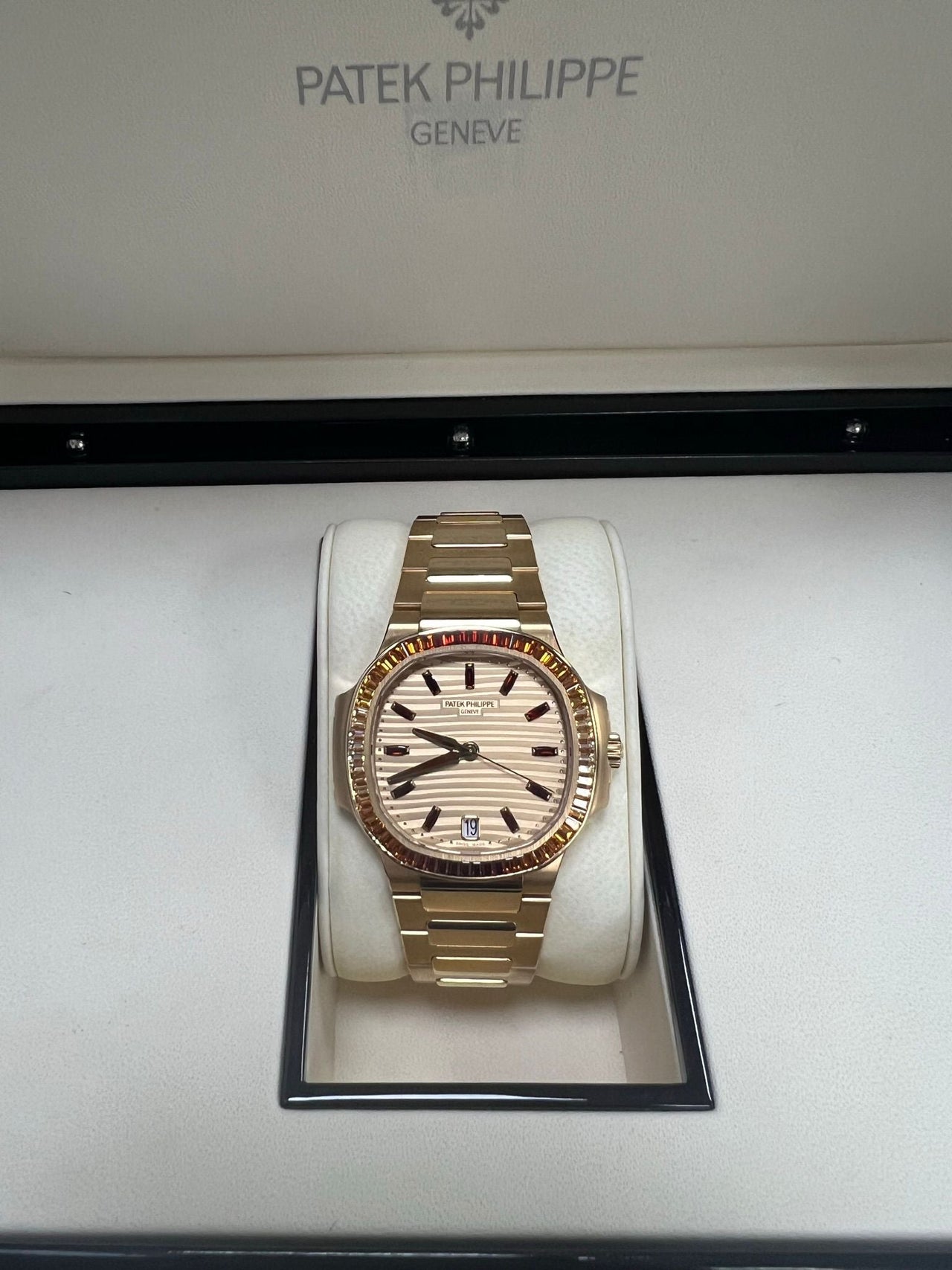 Patek Philippe Nautilus Automatic Rose Gold Baguette Cognac Bezel 7118/1300R-001 - WatchesOff5thWatch