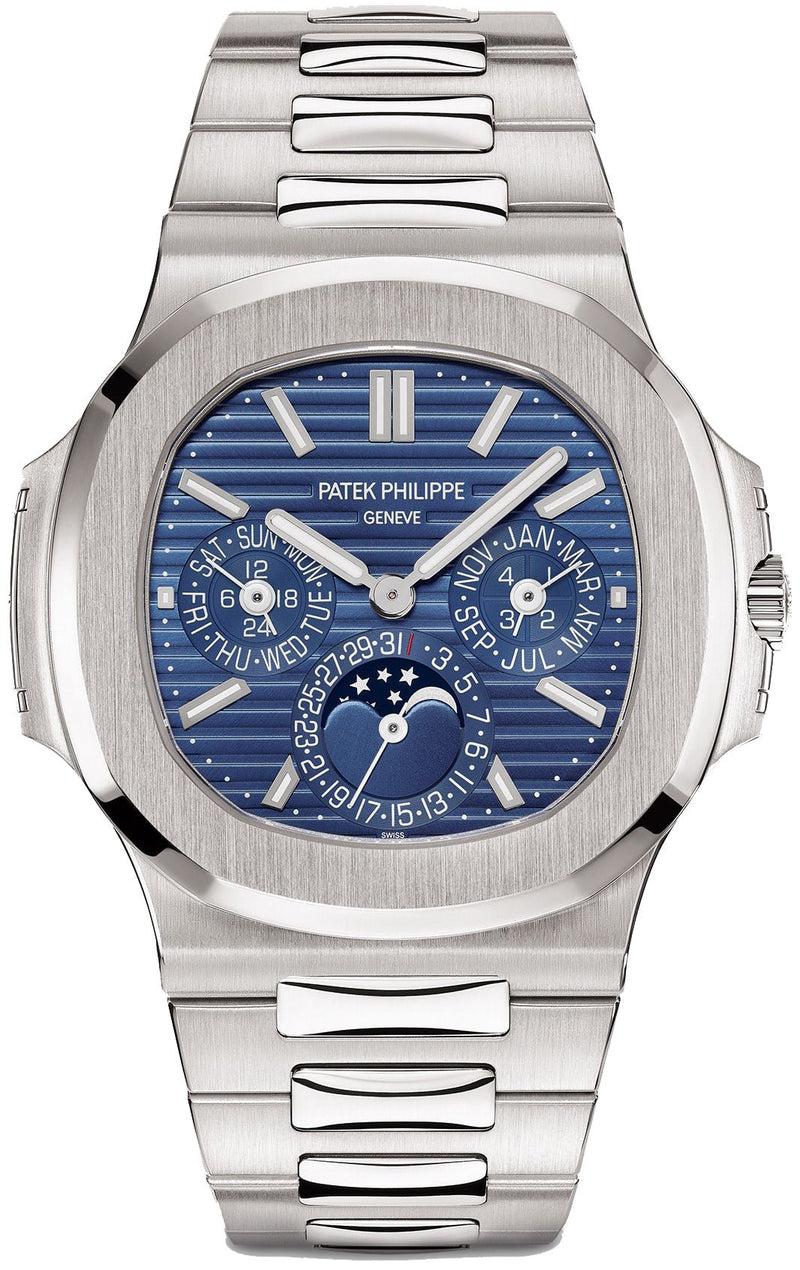 PATEK PHILIPPE, REF. 5740⁄1G-001, NAUTILUS, AN EXTREMELY RARE AND DESIRABLE  18K WHITE GOLD PERPETUAL CALENDAR WRISTWATCH WITH LEAP YEAR INDICATOR, MOON  PHASES, AND NAUTILUS CUFFLINKS, RETAILED & SIGNED BY TIFFANY & CO.