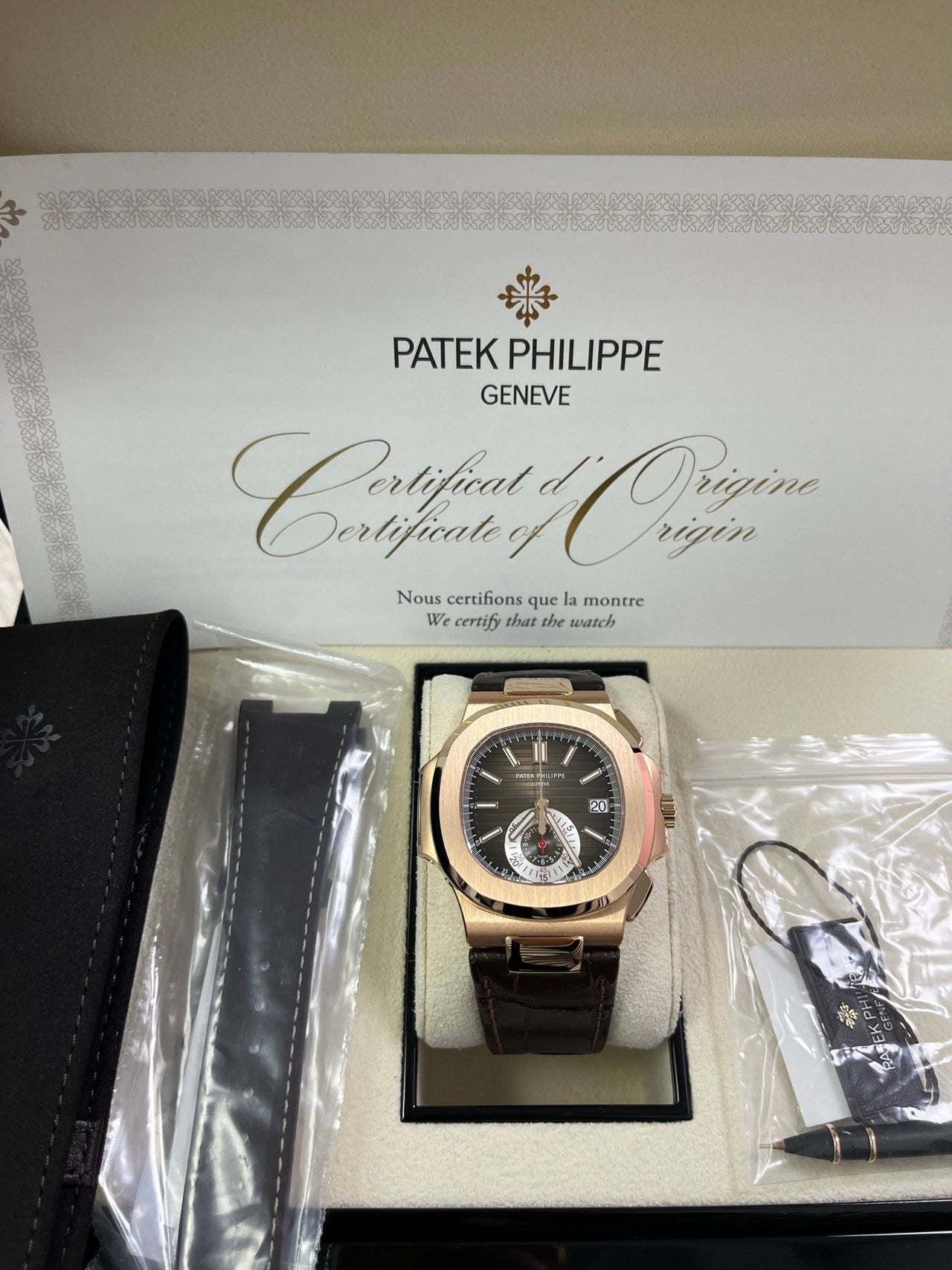 Patek Philippe Nautilus Rose Gold/ Brown Dial/ Leather Strap (Ref#5980R-001) - WatchesOff5thWatch