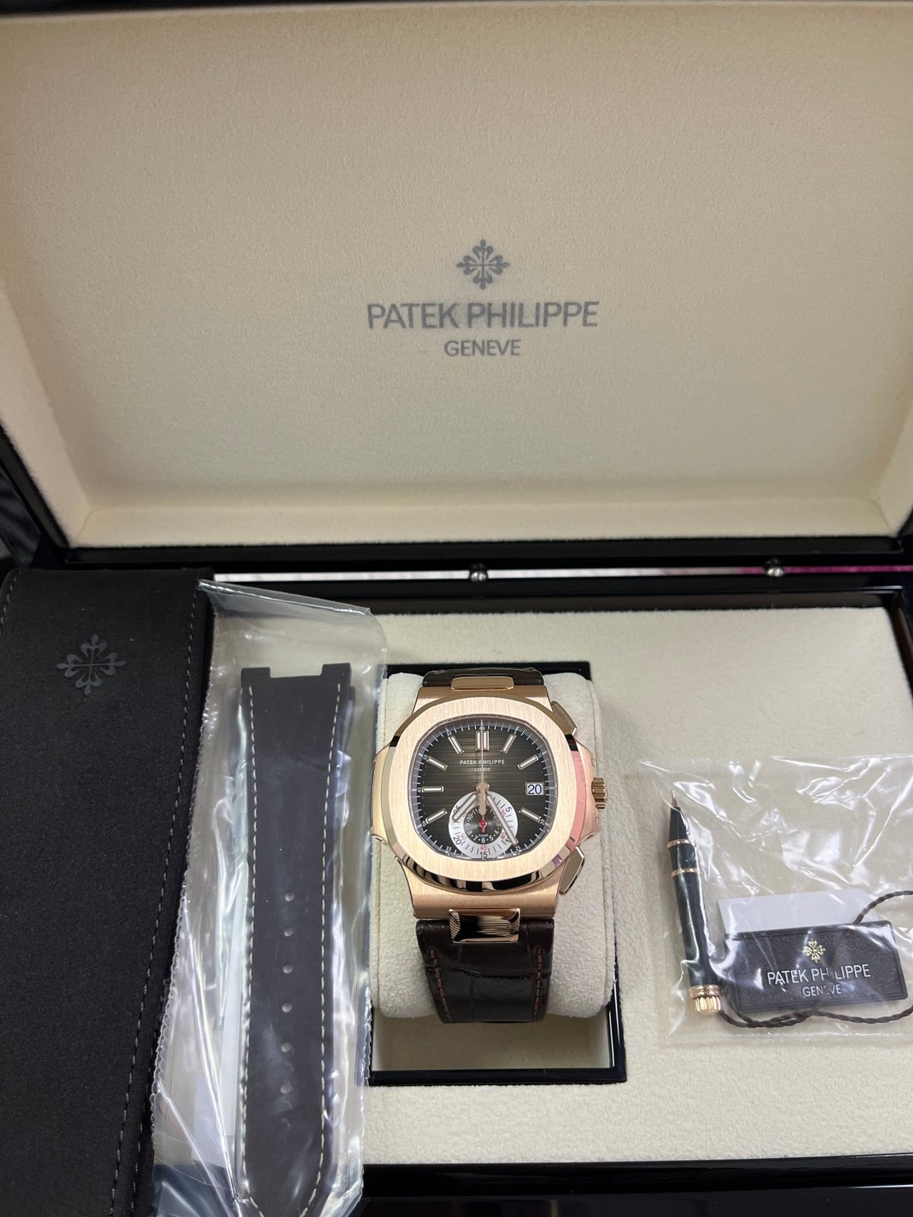 Patek Philippe Nautilus Rose Gold/ Brown Dial/ Leather Strap (Ref#5980R-001) - WatchesOff5thWatch