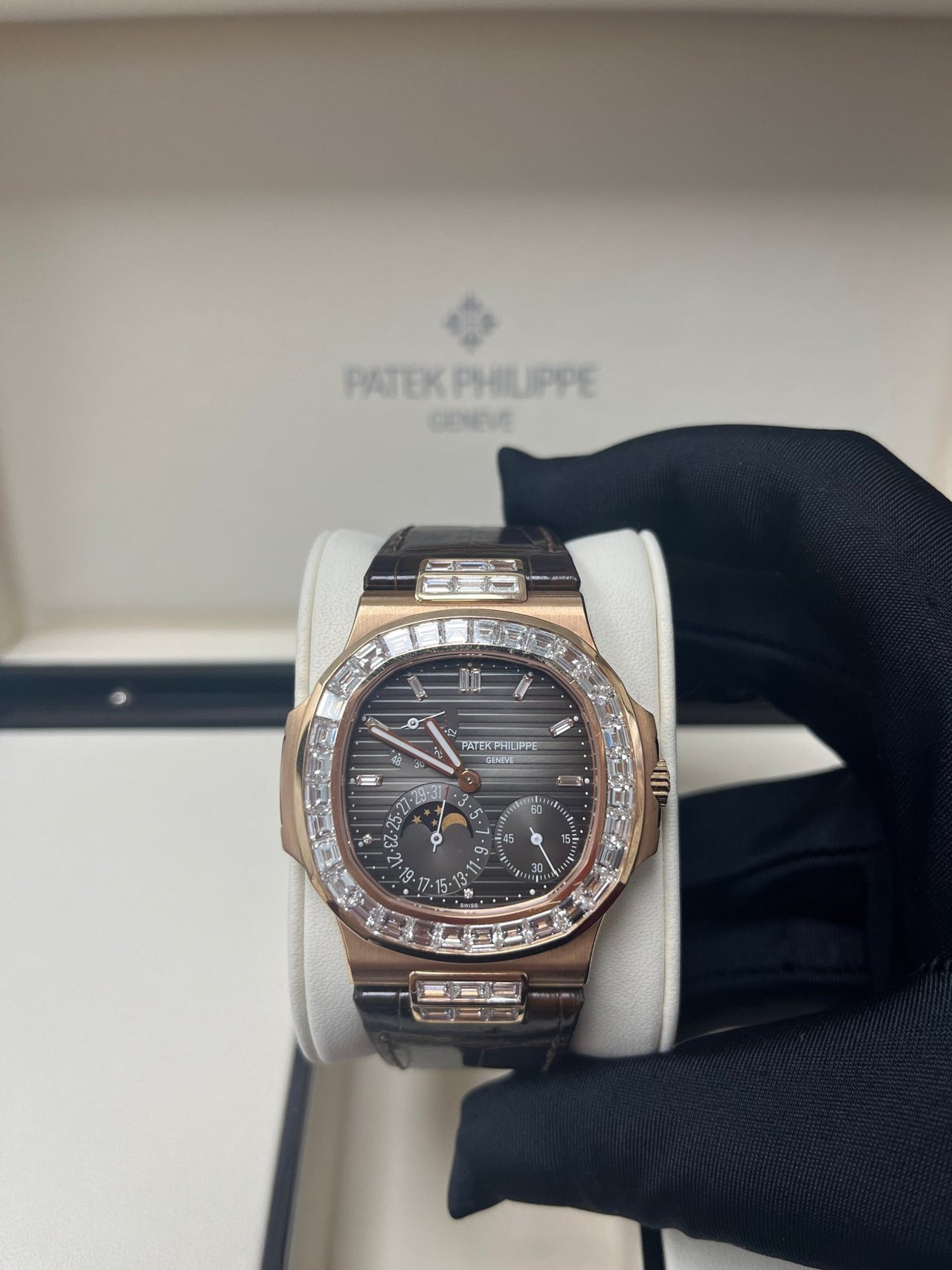 Patek Philippe Nautilus Rose Gold Diamond Bezel & Moon Phase Brown Dial 5724R 001 - WatchesOff5th