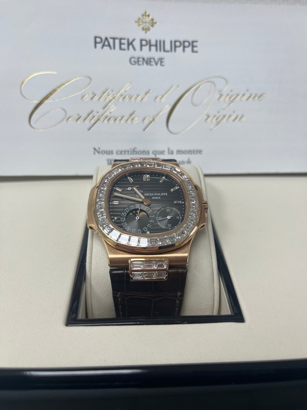 Patek Philippe Nautilus Rose Gold Diamond Bezel & Moon Phase Brown Dial 5724R 001 - WatchesOff5th