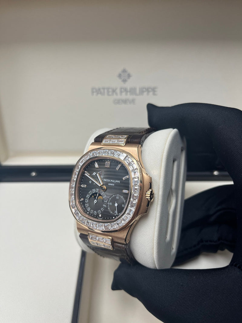 Patek Philippe Nautilus Rose Gold Diamond Bezel & Moon Phase Brown Dial 5724R 001 - WatchesOff5th