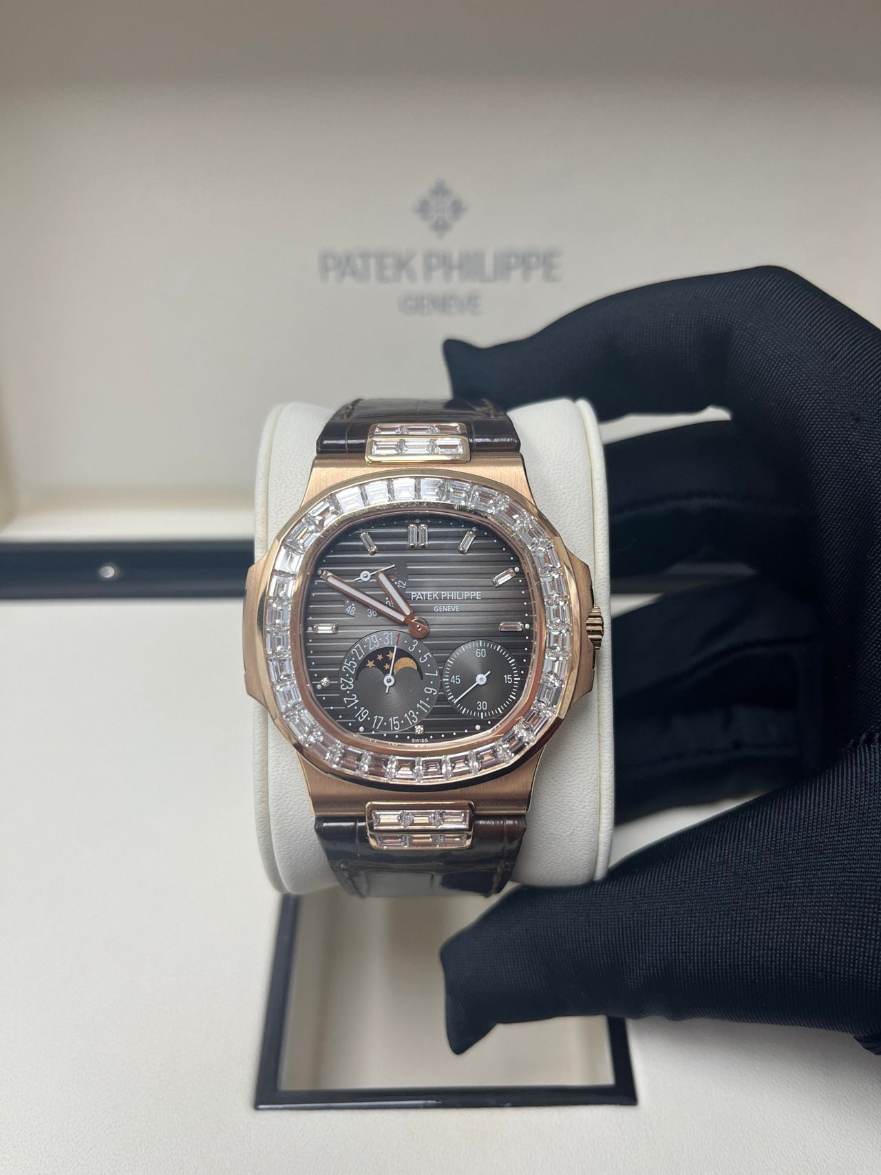 Patek Philippe Nautilus Rose Gold Diamond Bezel & Moon Phase Brown Dial 5724R 001 - WatchesOff5th