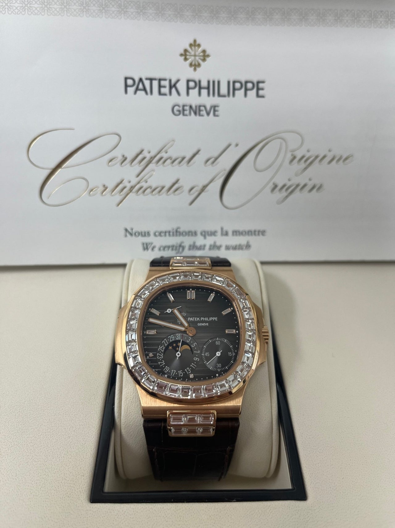 Patek Philippe Nautilus Rose Gold Diamond Bezel & Moon Phase Brown Dial 5724R 001 - WatchesOff5th