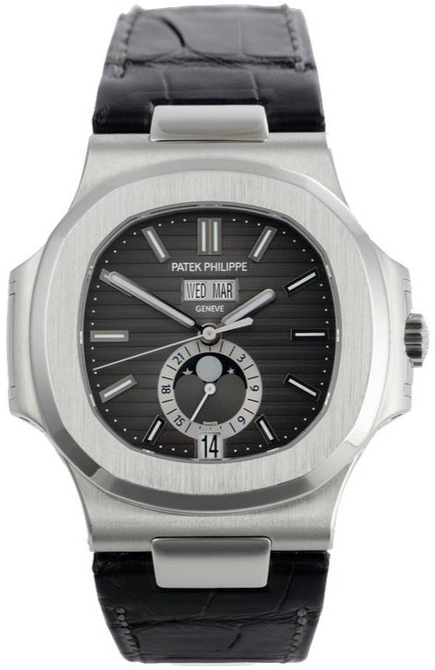 Patek Philippe Nautilus Stainless Steel Moon Phase Black Leather Strap (Ref#5726A-001) - WatchesOff5thWatch