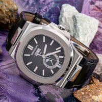 Thumbnail for Patek Philippe Nautilus Stainless Steel Moon Phase Black Leather Strap (Ref#5726A-001) - WatchesOff5thWatch