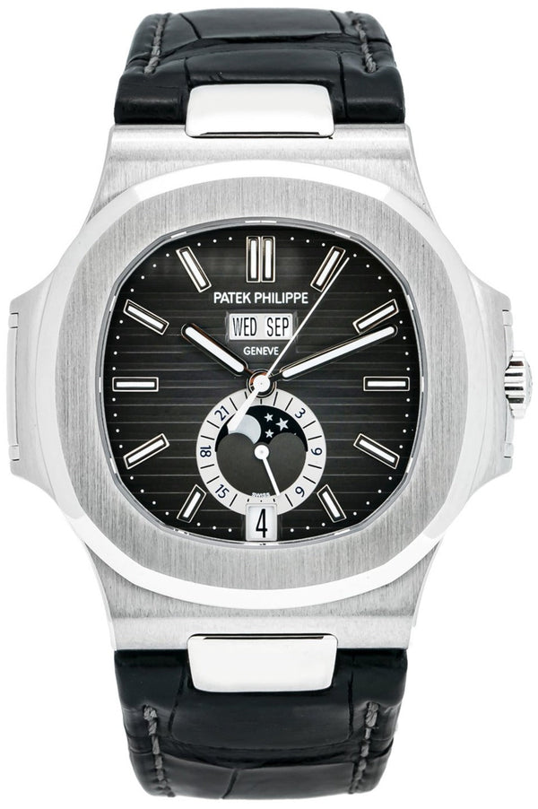 Patek Philippe Nautilus Stainless Steel Moon Phase Black Leather Strap (Ref#5726A-001) - WatchesOff5thWatch