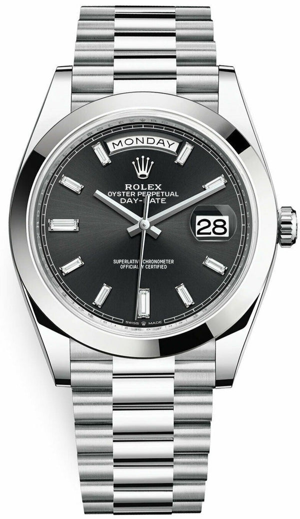 Rolex 950 Platinum Day-Date 40 Watch - Smooth Bezel - Black Index Dial - President Bracelet (Ref # 228206) - WatchesOff5thWatch