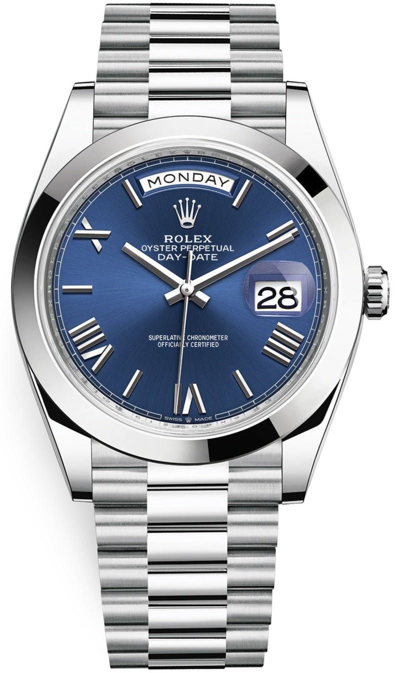 Rolex 950 Platinum Day-Date 40 Watch - Smooth Bezel - Blue Bevelled Roman Dial - President Bracelet (Ref # 228206) - WatchesOff5thWatch