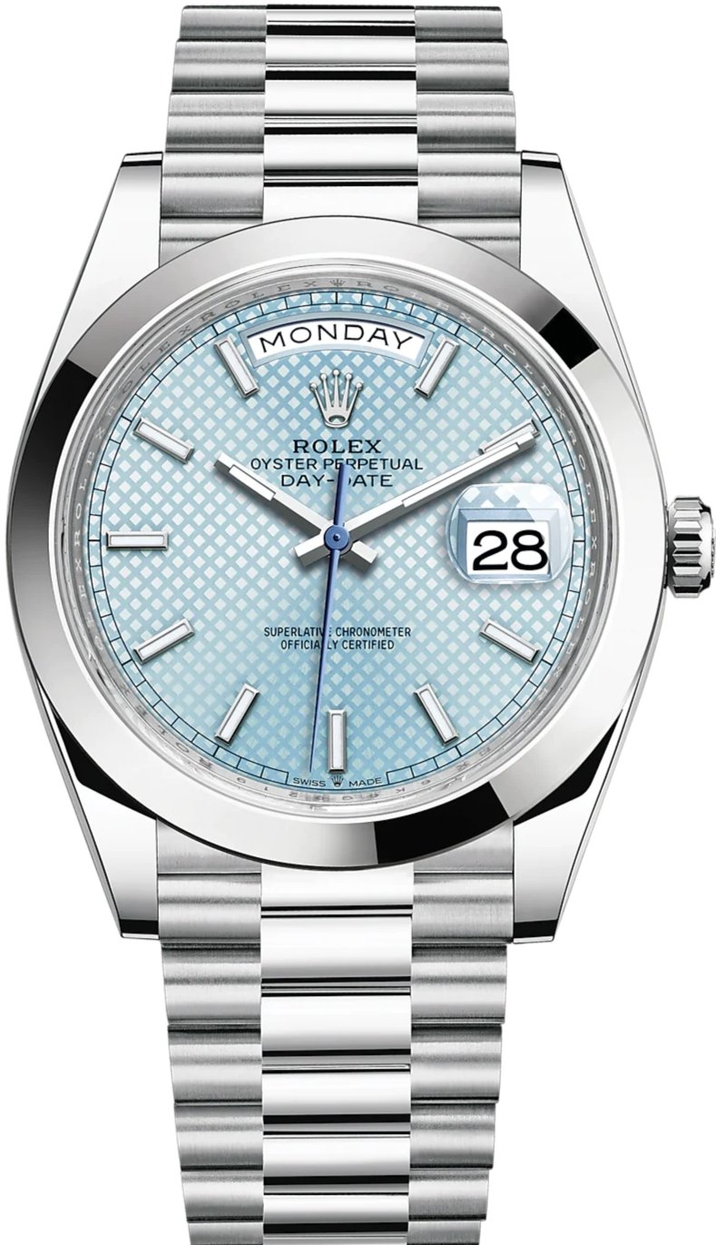 Rolex 950 Platinum Day-Date 40 Watch - Smooth Bezel - Ice Blue Diagonal Motif Index Dial - President Bracelet (Ref # 228206) - WatchesOff5thWatch