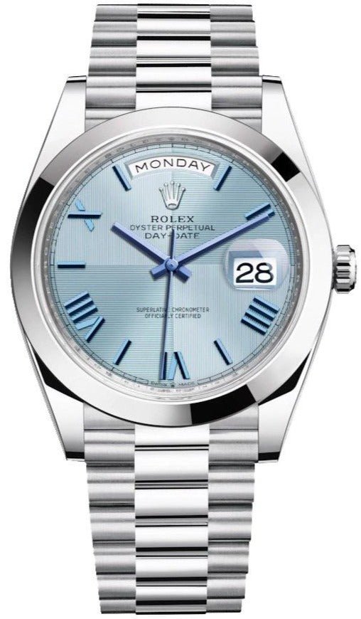 Rolex 950 Platinum Day-Date 40 Watch - Smooth Bezel - Ice Blue Quadrant Motif Bevelled Roman Dial - President Bracelet (Ref # 228206) - WatchesOff5thWatch
