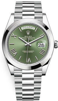 Thumbnail for Rolex 950 Platinum Day-Date 40 Watch - Smooth Bezel - Olive Green Bevelled Roman Dial - President Bracelet (Ref # 228206) - WatchesOff5thWatch