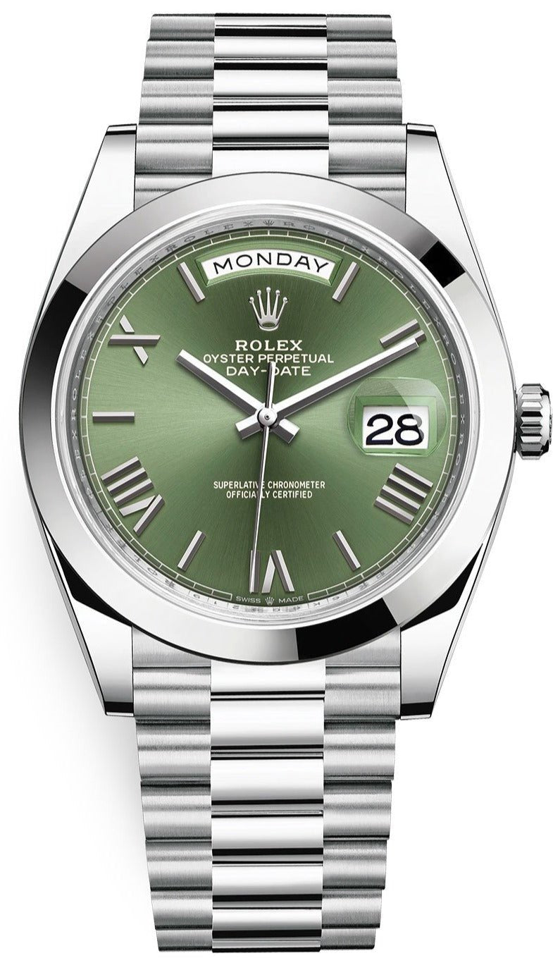 Rolex 950 Platinum Day-Date 40 Watch - Smooth Bezel - Olive Green Bevelled Roman Dial - President Bracelet (Ref # 228206) - WatchesOff5thWatch