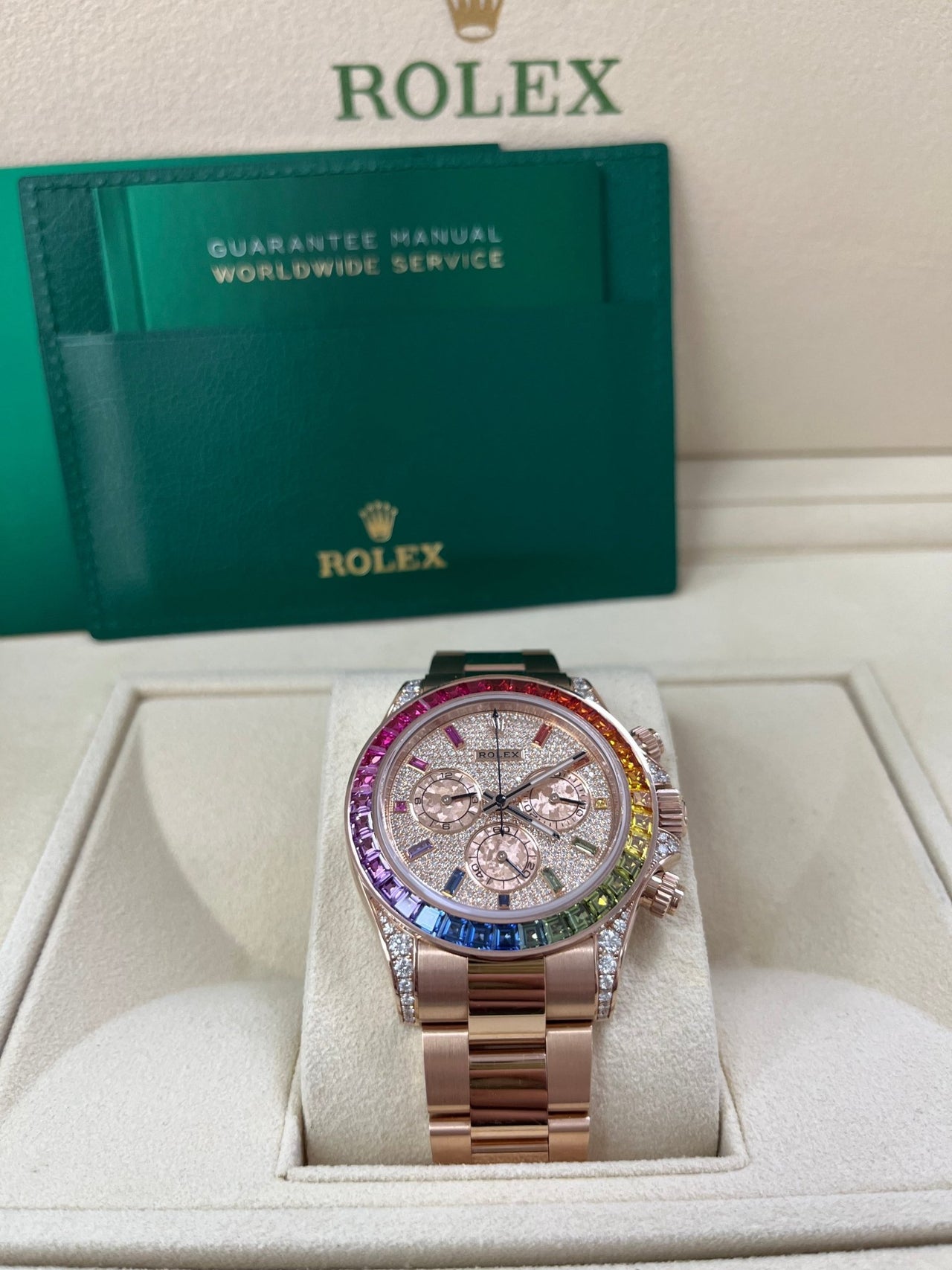 Rolex Cosmograph Everose Daytona Factory Diamond Rainbow Edition Ref# 116595RBOW) - WatchesOff5thWatch