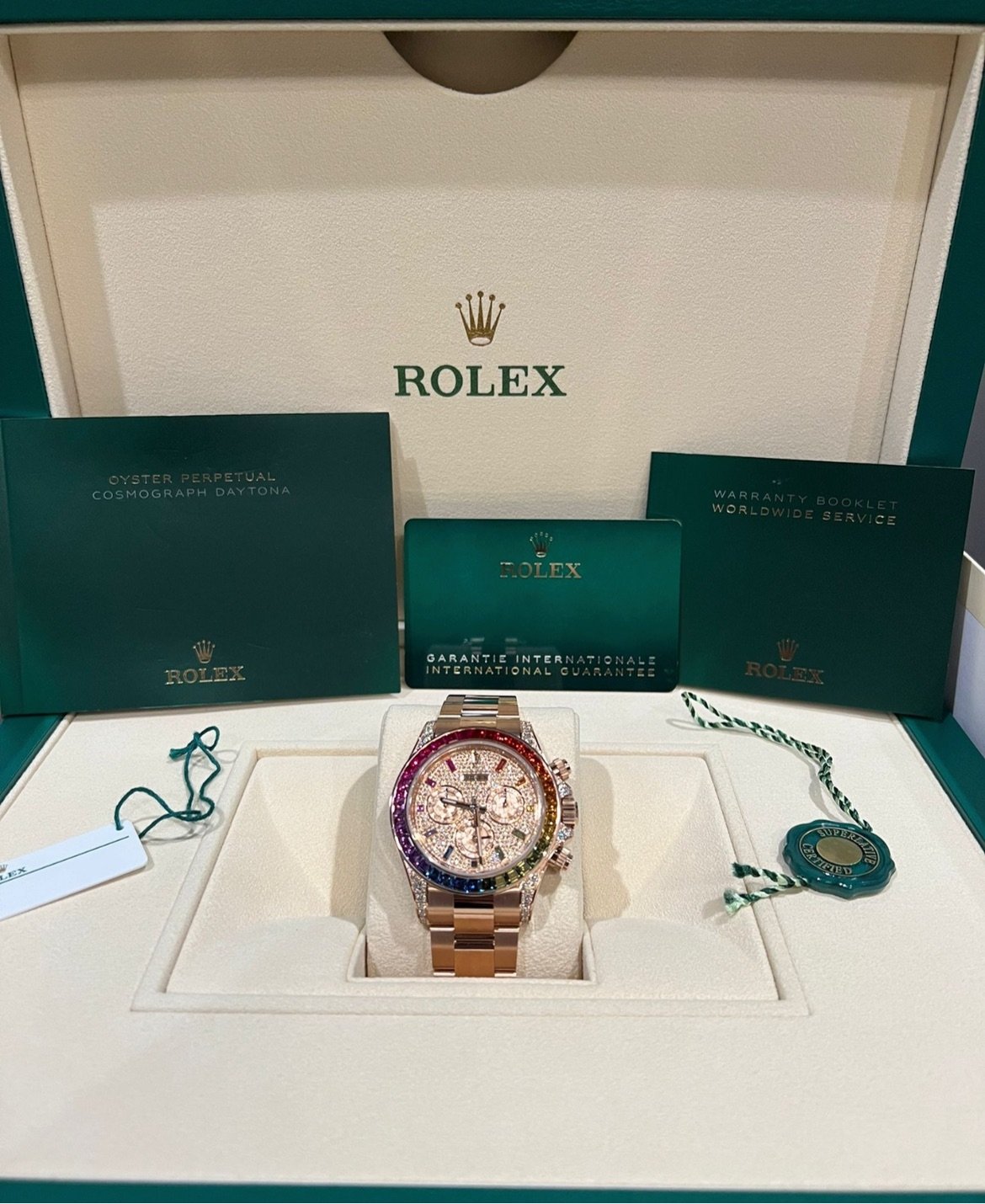 Rolex Cosmograph Everose Daytona Factory Diamond Rainbow Edition Ref# 116595RBOW) - WatchesOff5thWatch