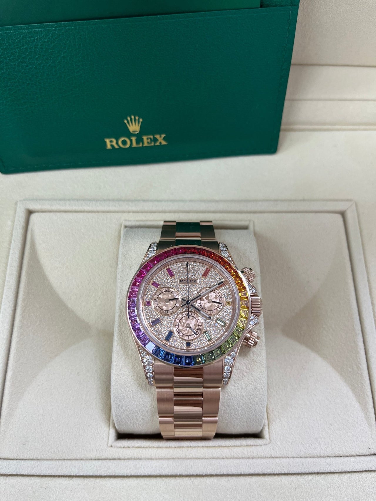 Rolex Cosmograph Everose Daytona Factory Diamond Rainbow Edition Ref# 116595RBOW) - WatchesOff5thWatch