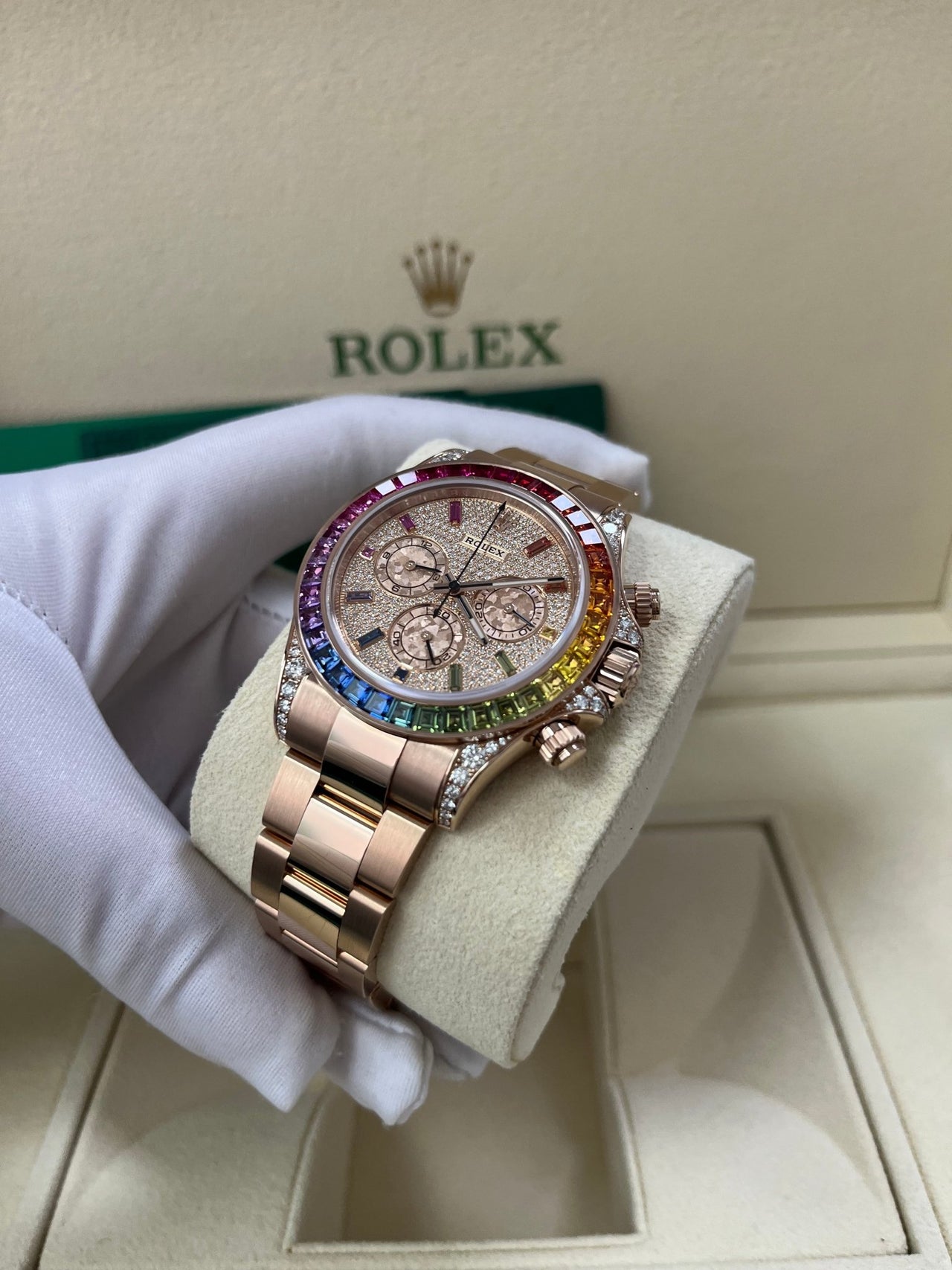 Rolex Cosmograph Everose Daytona Factory Diamond Rainbow Edition Ref# 116595RBOW) - WatchesOff5thWatch