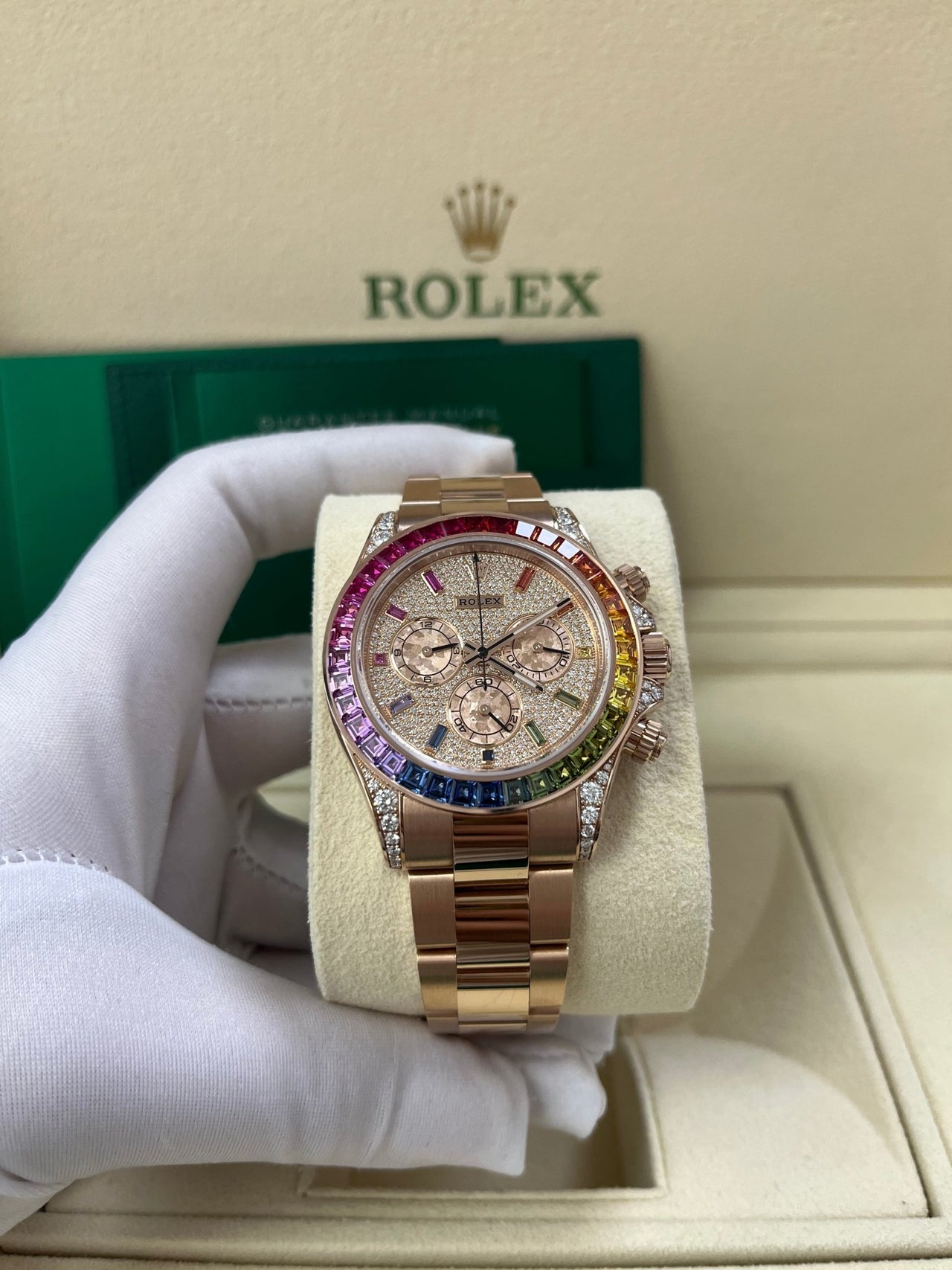 Rolex Cosmograph Everose Daytona Factory Diamond Rainbow Edition Ref# 116595RBOW) - WatchesOff5thWatch