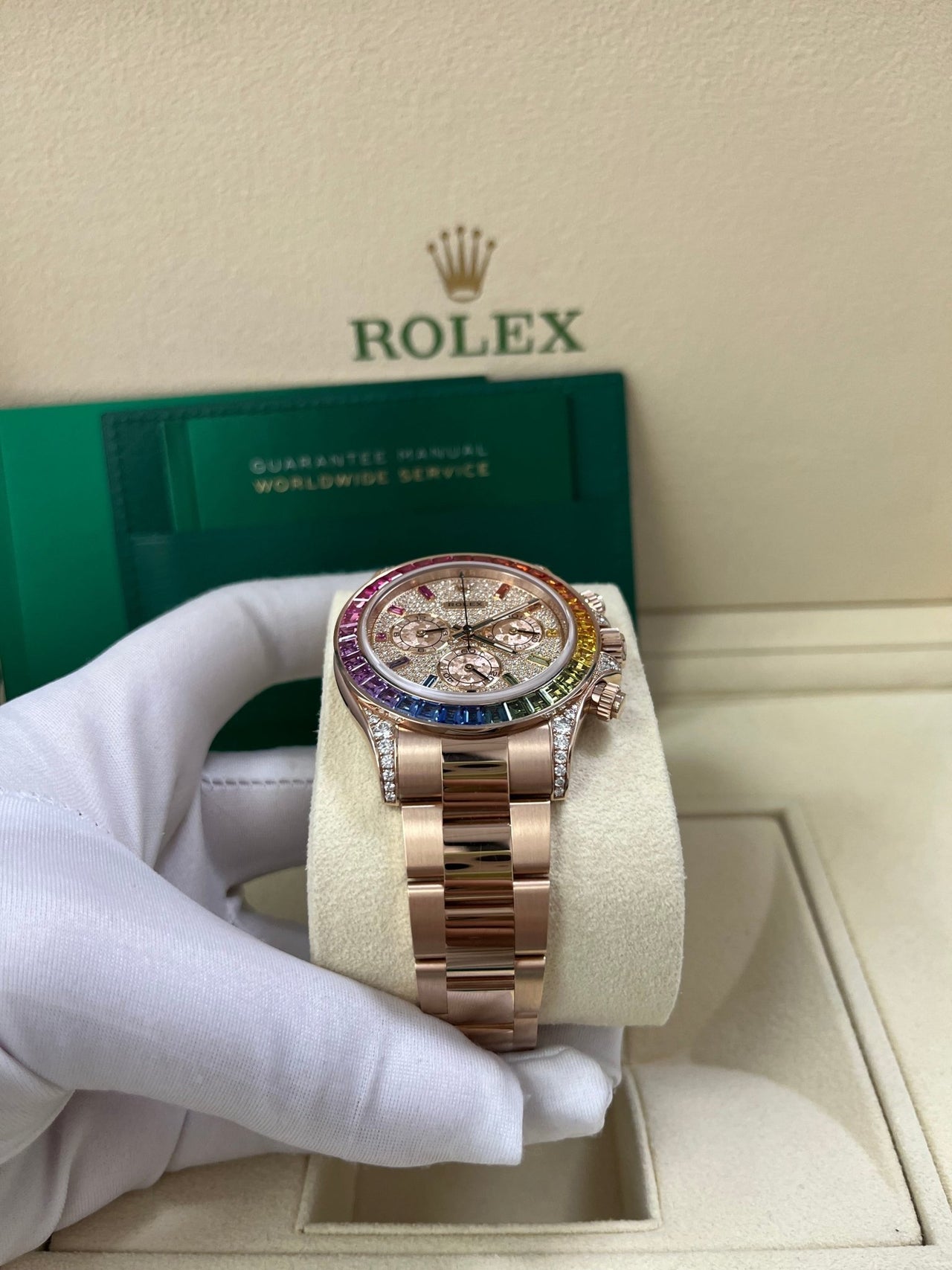 Rolex Cosmograph Everose Daytona Factory Diamond Rainbow Edition Ref# 116595RBOW) - WatchesOff5thWatch