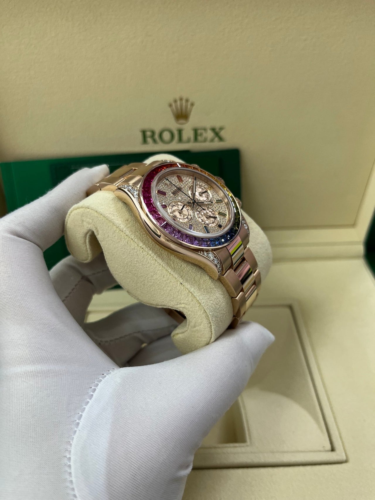 Rolex Cosmograph Everose Daytona Factory Diamond Rainbow Edition Ref# 116595RBOW) - WatchesOff5thWatch