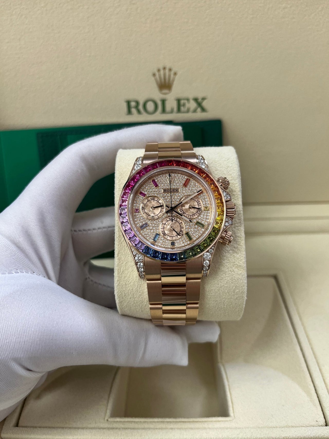 Rolex Cosmograph Everose Daytona Factory Diamond Rainbow Edition Ref# 116595RBOW) - WatchesOff5thWatch