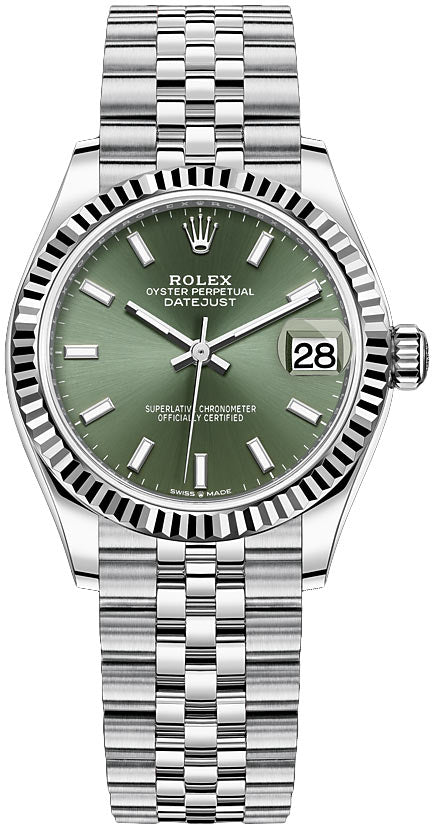Rolex Datejust 31 Steel and White Gold Datejust 31 Fluted Bezel Mint Green Index Dial Jubilee Bracelet 278274 - WatchesOff5thWatch