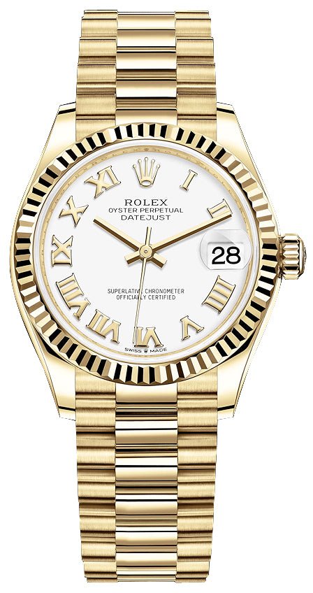Rolex Datejust 31mm Yellow Gold 278278 White Roman Dial Ladies President Bracelet - WatchesOff5thWatch