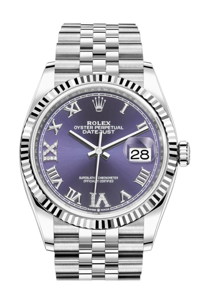 Rolex Datejust 36 Fluted Bezel Aubergine Purple Diamond Roman VI and IX Dial Jubilee Bracelet (Ref# 126234) - WatchesOff5th