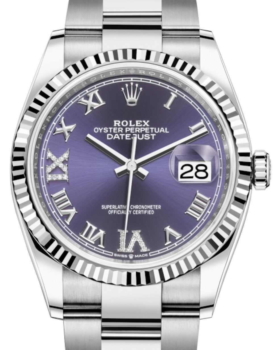 Rolex Datejust 36 Fluted Bezel Aubergine Purple Diamond Roman VI and IX Dial Oyster Bracelet (Ref# 126234) - WatchesOff5th