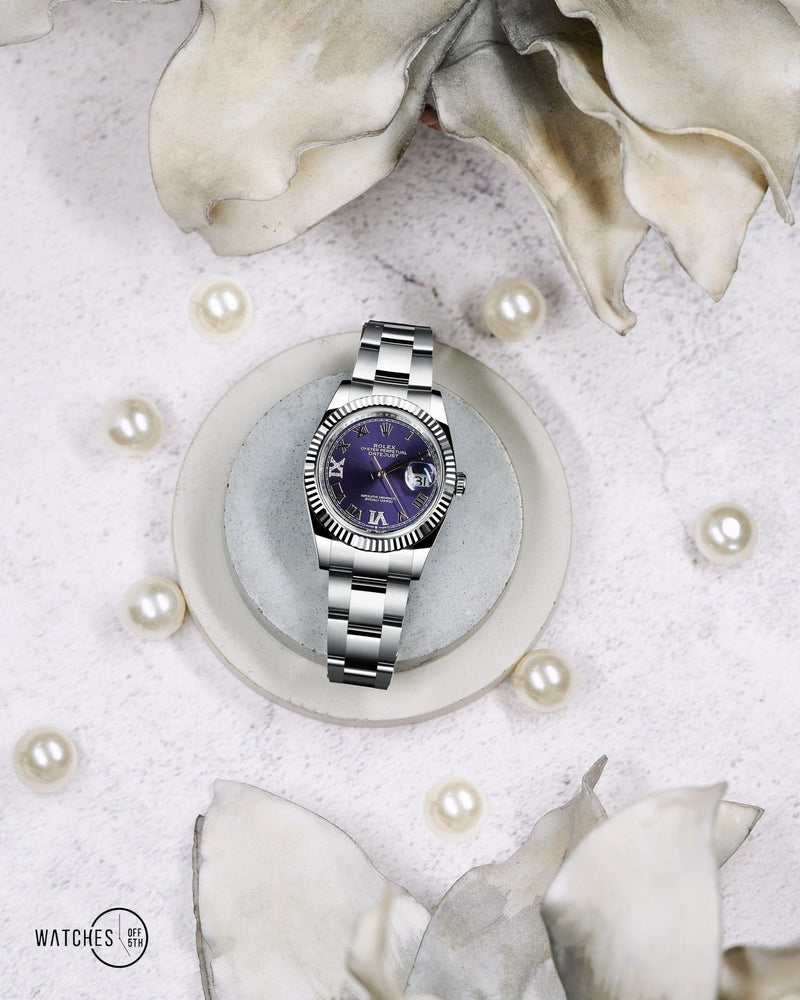 Rolex Datejust 36 Fluted Bezel Aubergine Purple Diamond Roman VI and IX Dial Oyster Bracelet (Ref# 126234) - WatchesOff5th