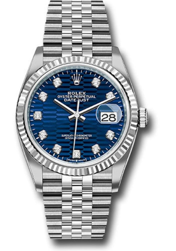 Rolex Datejust 36 Fluted Bezel Bright Blue Fluted Motif Diamond Dial Jubilee Bracelet 126234 - WatchesOff5th