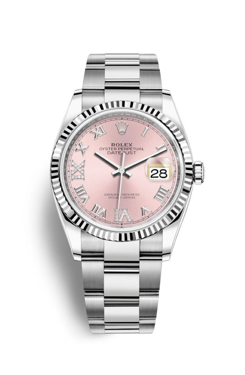 Rolex Datejust 36 Fluted Bezel - Pink Diamond Roman VI and IX Dial - Oyster 126234 - WatchesOff5th