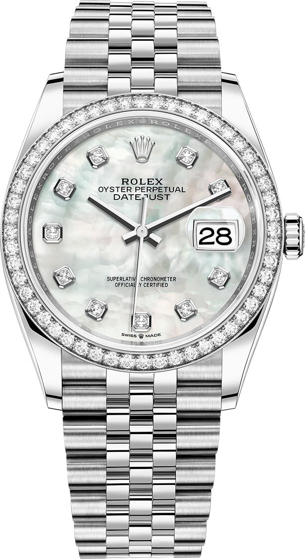 Rolex Datejust 36 Mother of Pearl Diamond Dial Diamond Bezel steel 3 WatchesOff5th