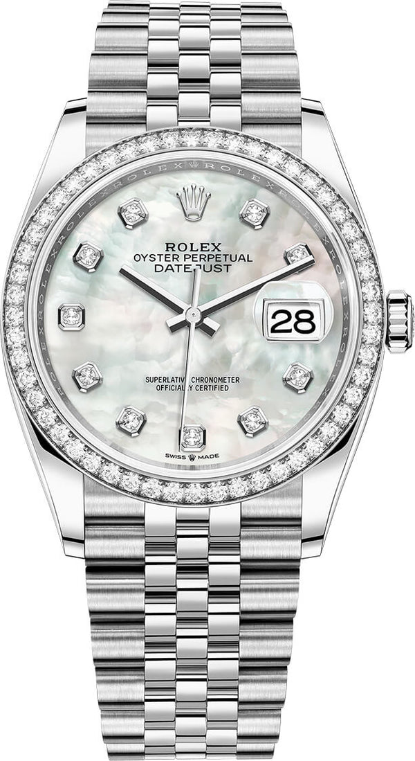 Rolex Datejust 36 Mother of Pearl Diamond Dial Diamond Bezel steel - 36mm Jubilee Bracelet (Reference #126284rbr) - WatchesOff5thWatch