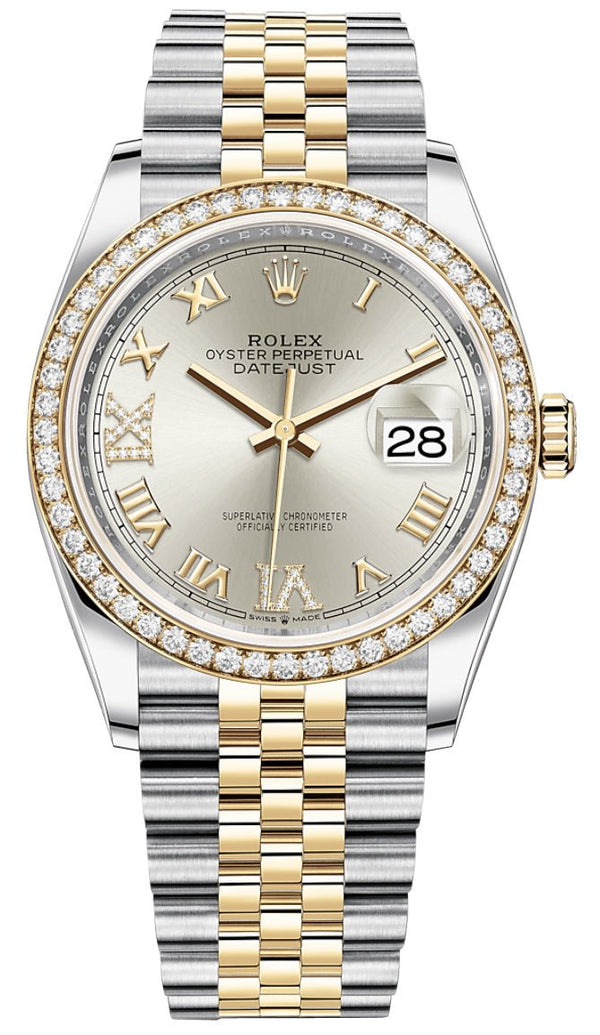 Rolex Datejust 36 Silver Diamond Set Dial Jubilee Bracelet Yellow Gold and Steel (Reference # 126283RBR) - WatchesOff5thWatch