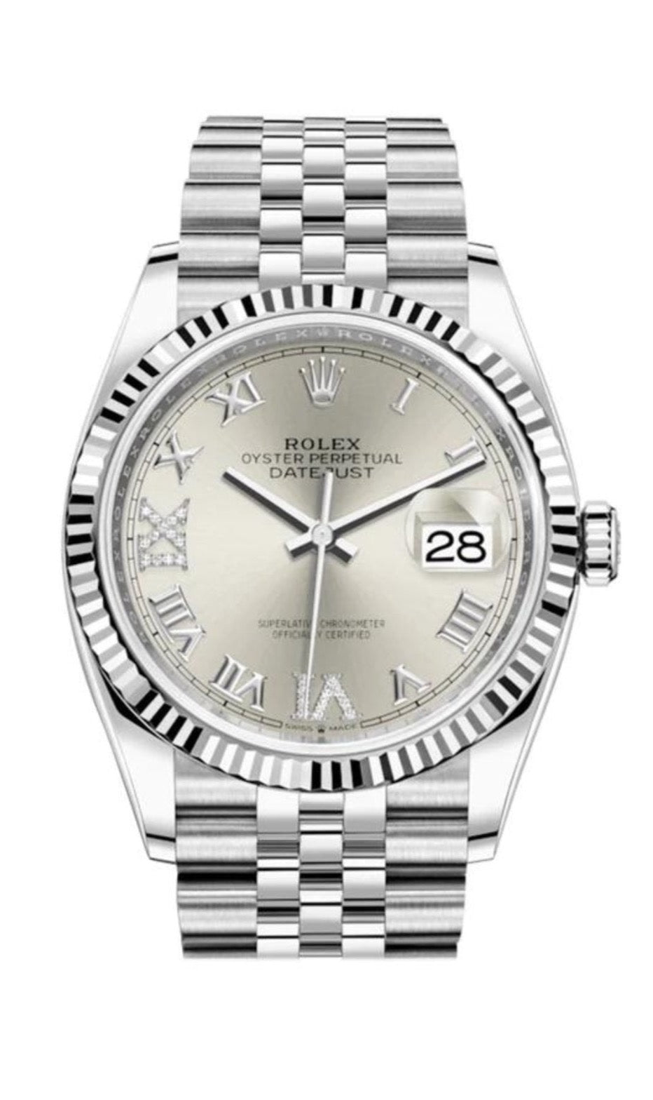 Rolex Datejust 36 Steel Datejust 36mm Fluted Bezel Silver Diamond Roman VI and IX Dial Jubilee 126234 - WatchesOff5thWatch