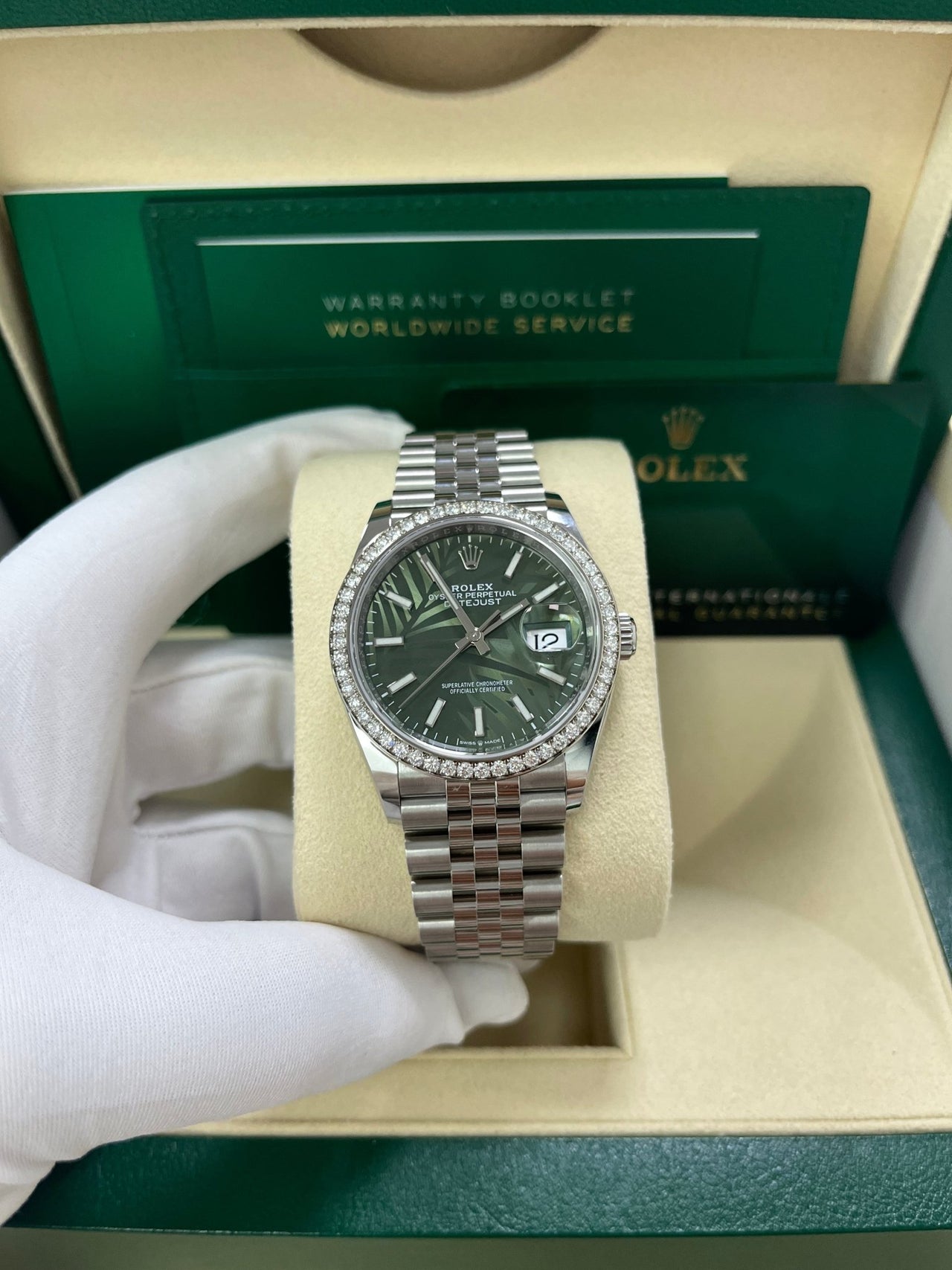 Rolex Datejust 36 Steel Diamond Bezel Olive Green Palm Index Dial Jubilee Band 126284rbr - WatchesOff5th