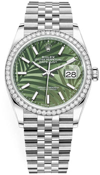 Thumbnail for Rolex Datejust 36 Steel Diamond Bezel Olive Green Palm Index Dial Jubilee Band 126284rbr - WatchesOff5th