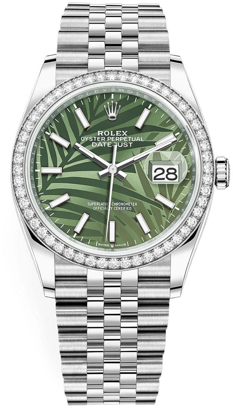 Rolex Datejust 36 Steel Diamond Bezel Olive Green Palm Index Dial Jubilee Band 126284rbr - WatchesOff5th