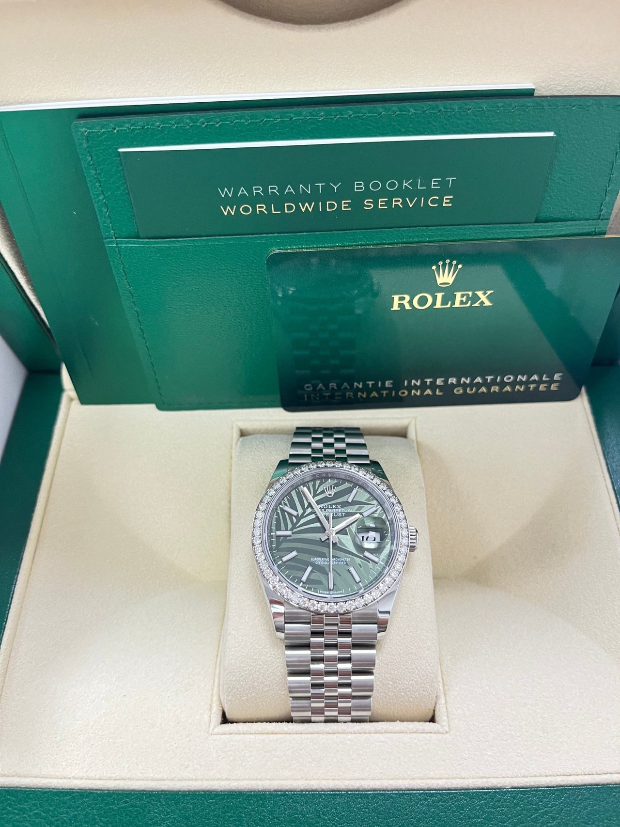 Rolex Datejust 36 Steel Diamond Bezel Olive Green Palm Index Dial Jubilee Band 126284rbr - WatchesOff5th