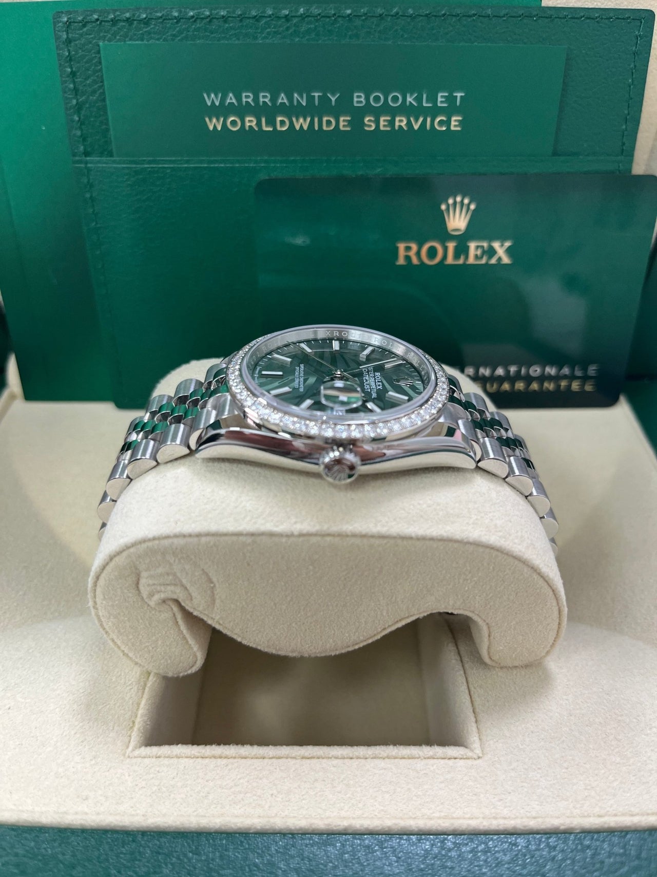 Rolex Datejust 36 Steel Diamond Bezel Olive Green Palm Index Dial Jubilee Band 126284rbr - WatchesOff5th