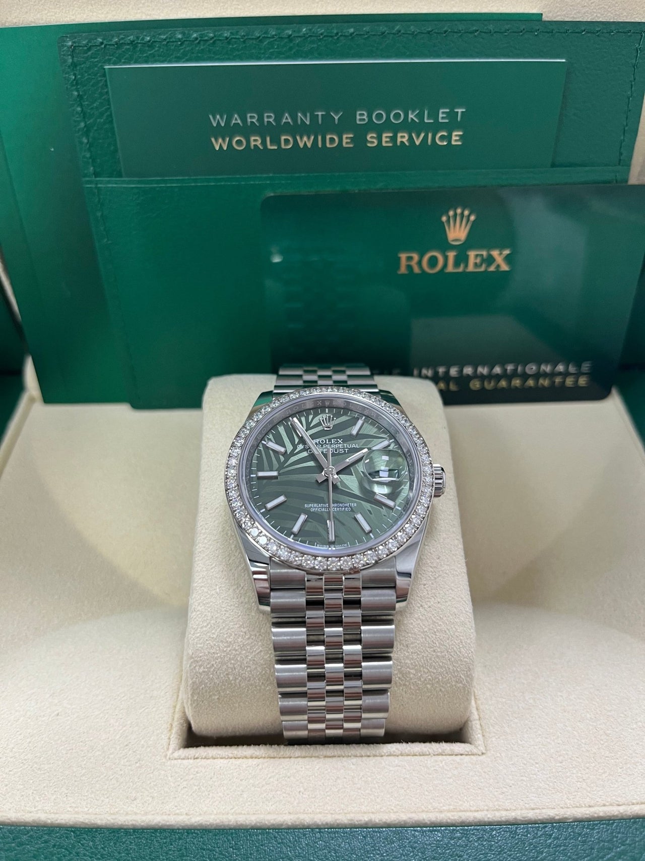 Rolex Datejust 36 Steel Diamond Bezel Olive Green Palm Index Dial Jubilee Band 126284rbr - WatchesOff5th