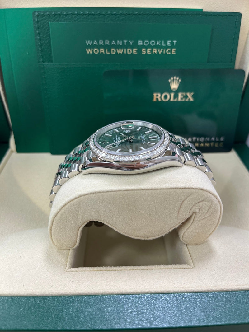 Rolex Datejust 36 Steel Diamond Bezel Olive Green Palm Index Dial Jubilee Band 126284rbr - WatchesOff5th