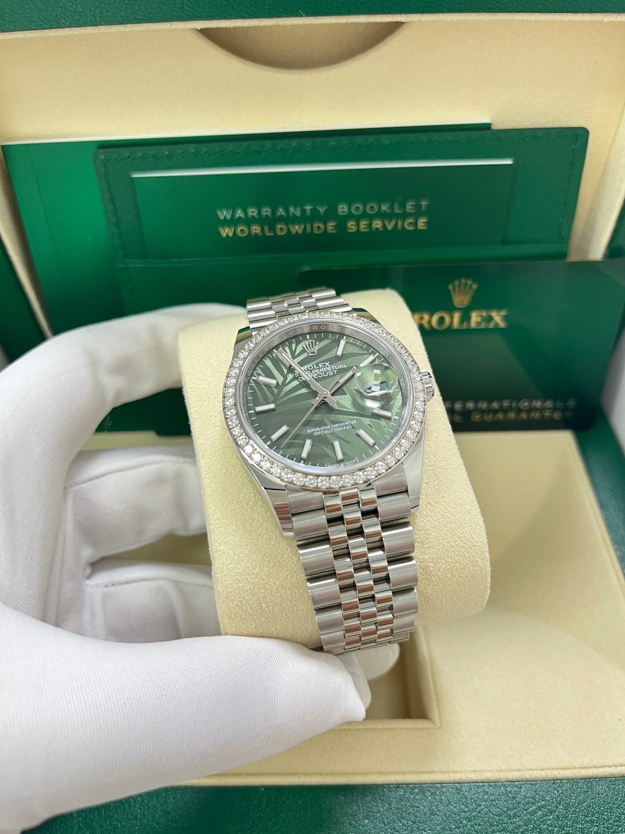 Rolex Datejust 36 Steel Diamond Bezel Olive Green Palm Index Dial Jubilee Band 126284rbr - WatchesOff5th