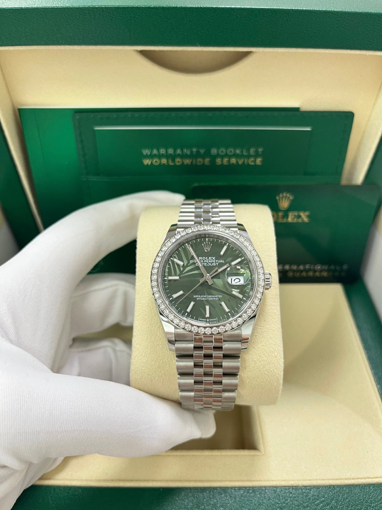 Rolex Datejust 36 Steel Diamond Bezel Olive Green Palm Index Dial Jubilee Band 126284rbr - WatchesOff5th