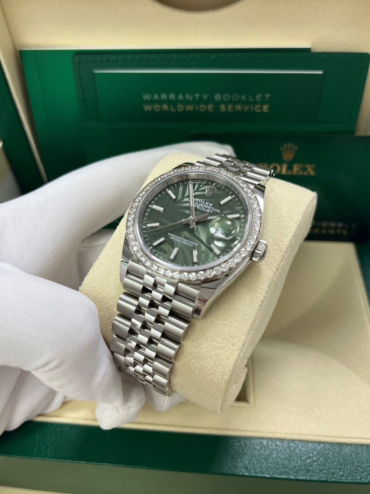 Rolex Datejust 36 Steel Diamond Bezel Olive Green Palm Index Dial Jubilee Band 126284rbr - WatchesOff5th