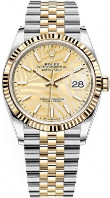 Rolex Datejust 36mm Steel and Yellow Gold Fluted Palm Dial Jubilee Bracelet (Ref# 126233) - WatchesOff5thWatch