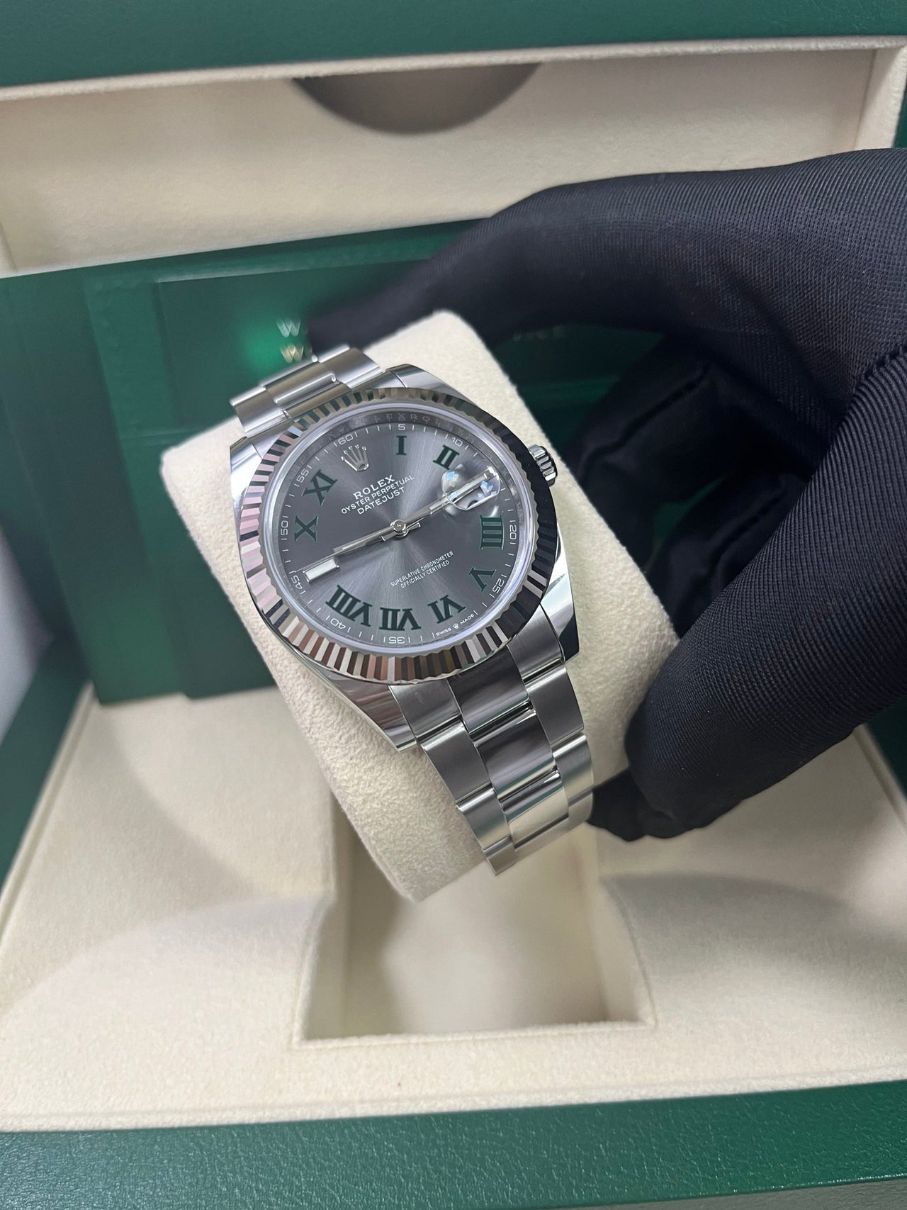 Rolex Datejust 41 Grey Slate Wimbledon Green Roman Dial Oyster Bracelet 126334 - WatchesOff5th