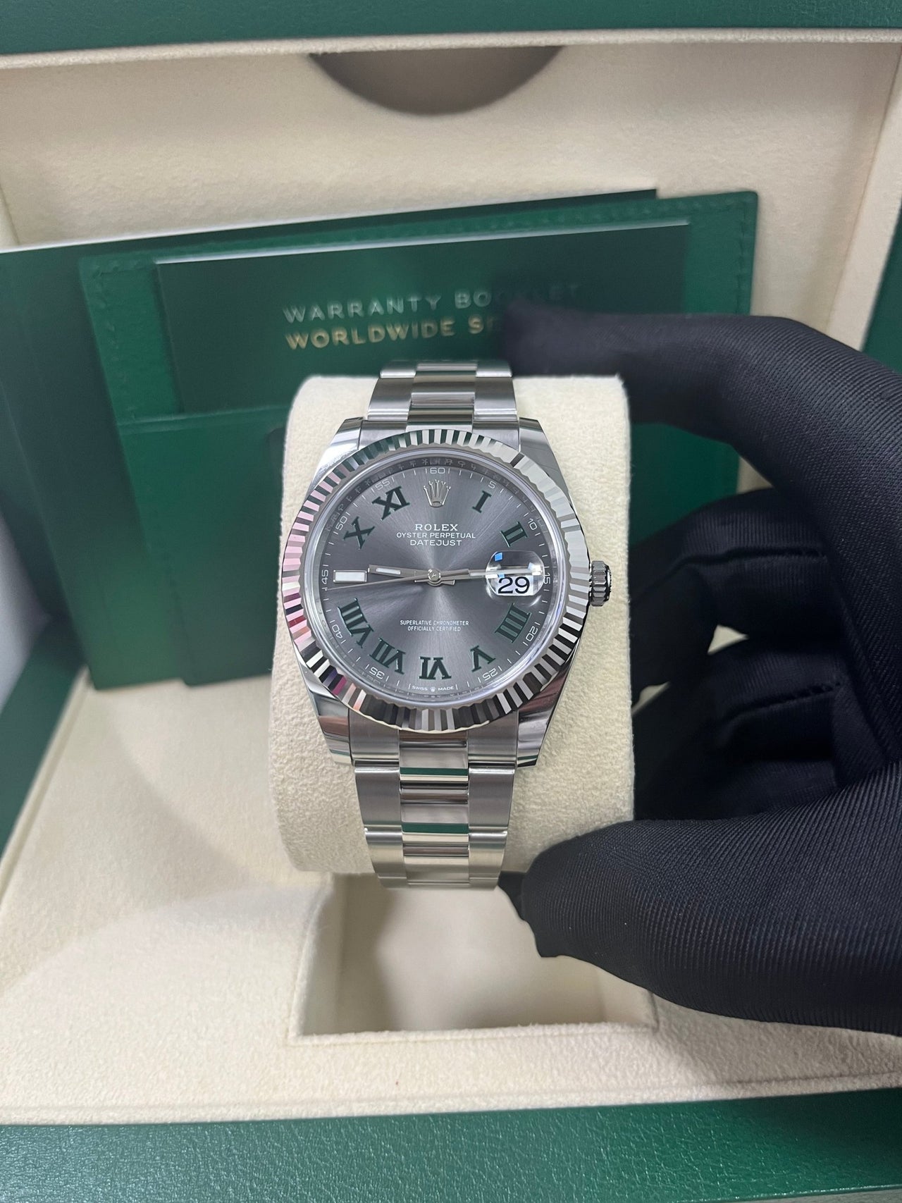 Rolex Datejust 41 Grey Slate Wimbledon Green Roman Dial Oyster Bracelet 126334 - WatchesOff5th